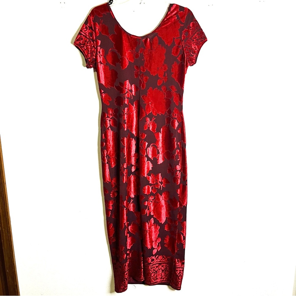Vintage 90s grunge goth velvet burnout, midi dress sz 12 petite bodycon long red - Picture 3 of 8